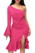 Rosy Twist and Ruffle Accent One Shoulder Prom Dress